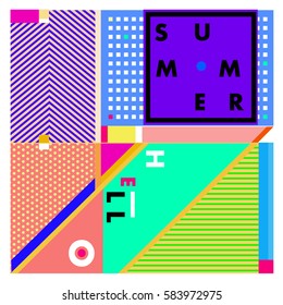 Trendy vector summer cards illustration with line elements and abstract colorful textures. Design for poster, card, invitation, brochure, and promotion template. Fashion art print and background.