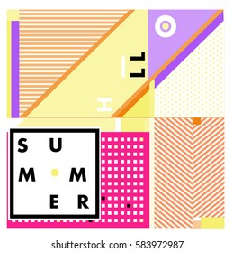 Trendy vector summer cards illustration with line elements and abstract colorful textures. Design for poster, card, invitation, brochure, and promotion template. Fashion art print and background.