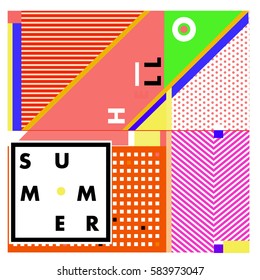 Trendy vector summer cards illustration with line elements and abstract colorful textures. Design for poster, card, invitation, brochure, and promotion template. Fashion art print and background.