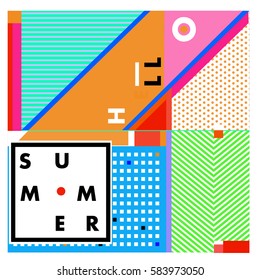 Trendy vector summer cards illustration with line elements and abstract colorful textures. Design for poster, card, invitation, brochure, and promotion template. Fashion art print and background.