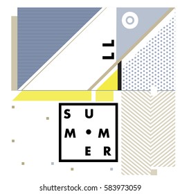 Trendy vector summer cards illustration with line elements and abstract colorful textures. Design for poster, card, invitation, brochure, and promotion template. Fashion art print and background.