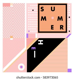 Trendy vector summer cards illustration with line elements and abstract colorful textures. Design for poster, card, invitation, brochure, and promotion template. Fashion art print and background.
