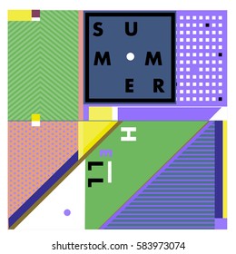Trendy vector summer cards illustration with line elements and abstract colorful textures. Design for poster, card, invitation, brochure, and promotion template. Fashion art print and background.