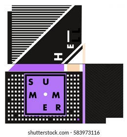 Trendy vector summer cards illustration with line elements and abstract colorful textures. Design for poster, card, invitation, brochure, and promotion template. Fashion art print and background.