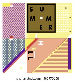 Trendy vector summer cards illustration with line elements and abstract colorful textures. Design for poster, card, invitation, brochure, and promotion template. Fashion art print and background.