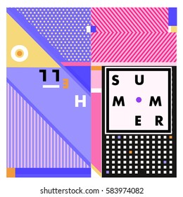 Trendy vector summer cards illustration with line elements and abstract colorful textures. Design for poster, card, invitation, brochure, and promotion template. Fashion art print and background.