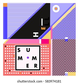 Trendy vector summer cards illustration with line elements and abstract colorful textures. Design for poster, card, invitation, brochure, and promotion template. Fashion art print and background.