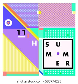 Trendy vector summer cards illustration with line elements and abstract colorful textures. Design for poster, card, invitation, brochure, and promotion template. Fashion art print and background.