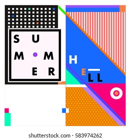 Trendy vector summer cards illustration with line elements and abstract colorful textures. Design for poster, card, invitation, brochure, and promotion template. Fashion art print and background.