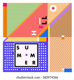 Trendy vector summer cards illustration with line elements and abstract colorful textures. Design for poster, card, invitation, brochure, and promotion template. Fashion art print and background.