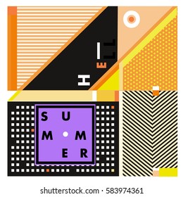 Trendy vector summer cards illustration with line elements and abstract colorful textures. Design for poster, card, invitation, brochure, and promotion template. Fashion art print and background.
