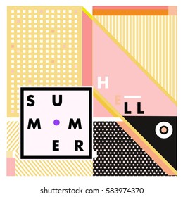 Trendy vector summer cards illustration with line elements and abstract colorful textures. Design for poster, card, invitation, brochure, and promotion template. Fashion art print and background.