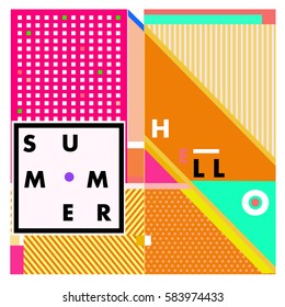 Trendy vector summer cards illustration with line elements and abstract colorful textures. Design for poster, card, invitation, brochure, and promotion template. Fashion art print and background.