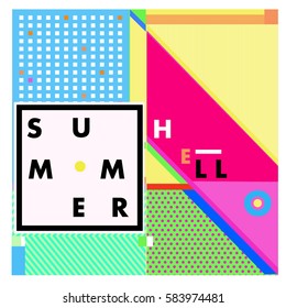 Trendy vector summer cards illustration with line elements and abstract colorful textures. Design for poster, card, invitation, brochure, and promotion template. Fashion art print and background.