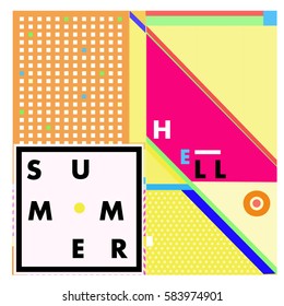 Trendy vector summer cards illustration with line elements and abstract colorful textures. Design for poster, card, invitation, brochure, and promotion template. Fashion art print and background.