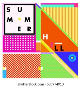 Trendy vector summer cards illustration with line elements and abstract colorful textures. Design for poster, card, invitation, brochure, and promotion template. Fashion art print and background.