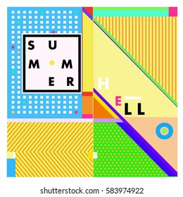 Trendy vector summer cards illustration with line elements and abstract colorful textures. Design for poster, card, invitation, brochure, and promotion template. Fashion art print and background.