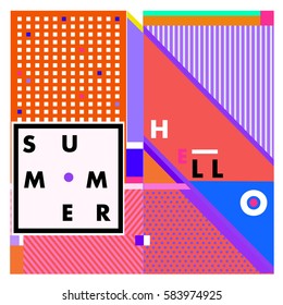 Trendy vector summer cards illustration with line elements and abstract colorful textures. Design for poster, card, invitation, brochure, and promotion template. Fashion art print and background.