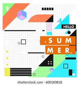 Trendy vector summer cards illustration with line elements and abstract colorful textures. Design for poster, card, invitation, brochure, and promotion template. Fashion art print and background.