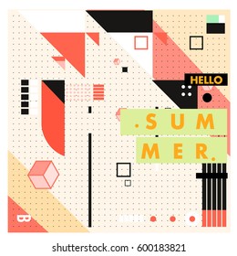 Trendy vector summer cards illustration with line elements and abstract colorful textures. Design for poster, card, invitation, brochure, and promotion template. Fashion art print and background.