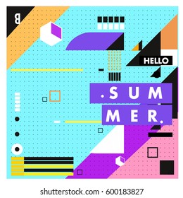 Trendy vector summer cards illustration with line elements and abstract colorful textures. Design for poster, card, invitation, brochure, and promotion template. Fashion art print and background.