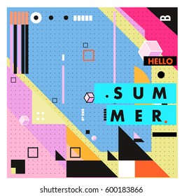 Trendy vector summer cards illustration with line elements and abstract colorful textures. Design for poster, card, invitation, brochure, and promotion template. Fashion art print and background.