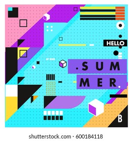 Trendy vector summer cards illustration with line elements and abstract colorful textures. Design for poster, card, invitation, brochure, and promotion template. Fashion art print and background.