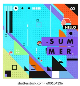 Trendy vector summer cards illustration with line elements and abstract colorful textures. Design for poster, card, invitation, brochure, and promotion template. Fashion art print and background.