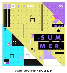 Trendy vector summer cards illustration with line elements and abstract colorful textures. Design for poster, card, invitation, brochure, and promotion template. Fashion art print and background.