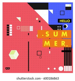 Trendy vector summer cards illustration with line elements and abstract colorful textures. Design for poster, card, invitation, brochure, and promotion template. Fashion art print and background.