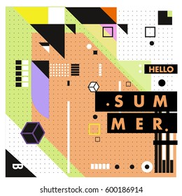 Trendy vector summer cards illustration with line elements and abstract colorful textures. Design for poster, card, invitation, brochure, and promotion template. Fashion art print and background.