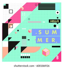 Trendy vector summer cards illustration with line elements and abstract colorful textures. Design for poster, card, invitation, brochure, and promotion template. Fashion art print and background.