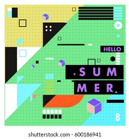 Trendy vector summer cards illustration with line elements and abstract colorful textures. Design for poster, card, invitation, brochure, and promotion template. Fashion art print and background.