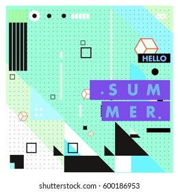 Trendy vector summer cards illustration with line elements and abstract colorful textures. Design for poster, card, invitation, brochure, and promotion template. Fashion art print and background.