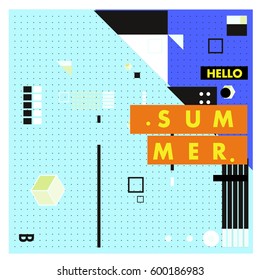 Trendy vector summer cards illustration with line elements and abstract colorful textures. Design for poster, card, invitation, brochure, and promotion template. Fashion art print and background.
