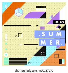 Trendy vector summer cards illustration with line elements and abstract colorful textures. Design for poster, card, invitation, brochure, and promotion template. Fashion art print and background.