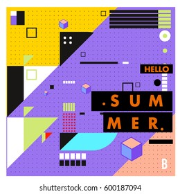 Trendy vector summer cards illustration with line elements and abstract colorful textures. Design for poster, card, invitation, brochure, and promotion template. Fashion art print and background.