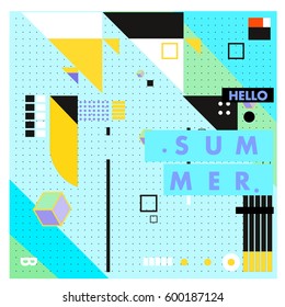 Trendy vector summer cards illustration with line elements and abstract colorful textures. Design for poster, card, invitation, brochure, and promotion template. Fashion art print and background.