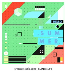 Trendy vector summer cards illustration with line elements and abstract colorful textures. Design for poster, card, invitation, brochure, and promotion template. Fashion art print and background.