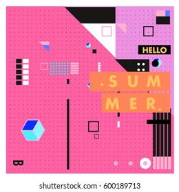 Trendy vector summer cards illustration with line elements and abstract colorful textures. Design for poster, card, invitation, brochure, and promotion template. Fashion art print and background.