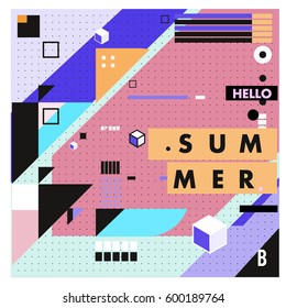 Trendy vector summer cards illustration with line elements and abstract colorful textures. Design for poster, card, invitation, brochure, and promotion template. Fashion art print and background.