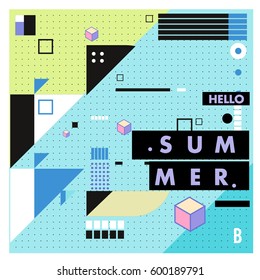 Trendy vector summer cards illustration with line elements and abstract colorful textures. Design for poster, card, invitation, brochure, and promotion template. Fashion art print and background.