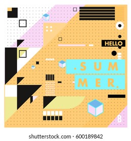 Trendy vector summer cards illustration with line elements and abstract colorful textures. Design for poster, card, invitation, brochure, and promotion template. Fashion art print and background.