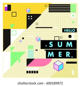 Trendy vector summer cards illustration with line elements and abstract colorful textures. Design for poster, card, invitation, brochure, and promotion template. Fashion art print and background.