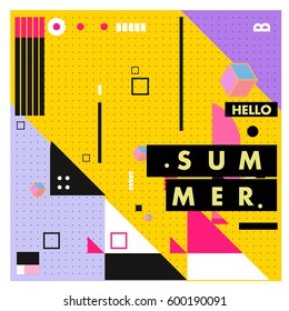 Trendy vector summer cards illustration with line elements and abstract colorful textures. Design for poster, card, invitation, brochure, and promotion template. Fashion art print and background.