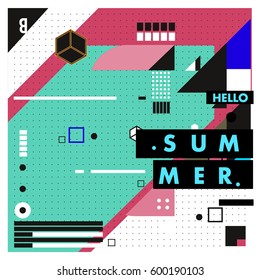 Trendy vector summer cards illustration with line elements and abstract colorful textures. Design for poster, card, invitation, brochure, and promotion template. Fashion art print and background.