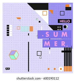 Trendy vector summer cards illustration with line elements and abstract colorful textures. Design for poster, card, invitation, brochure, and promotion template. Fashion art print and background.