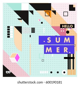 Trendy vector summer cards illustration with line elements and abstract colorful textures. Design for poster, card, invitation, brochure, and promotion template. Fashion art print and background.