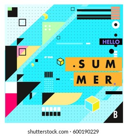 Trendy vector summer cards illustration with line elements and abstract colorful textures. Design for poster, card, invitation, brochure, and promotion template. Fashion art print and background.