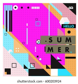Trendy vector summer cards illustration with line elements and abstract colorful textures. Design for poster, card, invitation, brochure, and promotion template. Fashion art print and background.